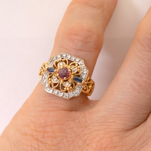 Vintage 18kt Yellow Gold Diamond Ring, Ruby and Sapphire, SZ 6, Appraised $3350 - Picture 10 of 11